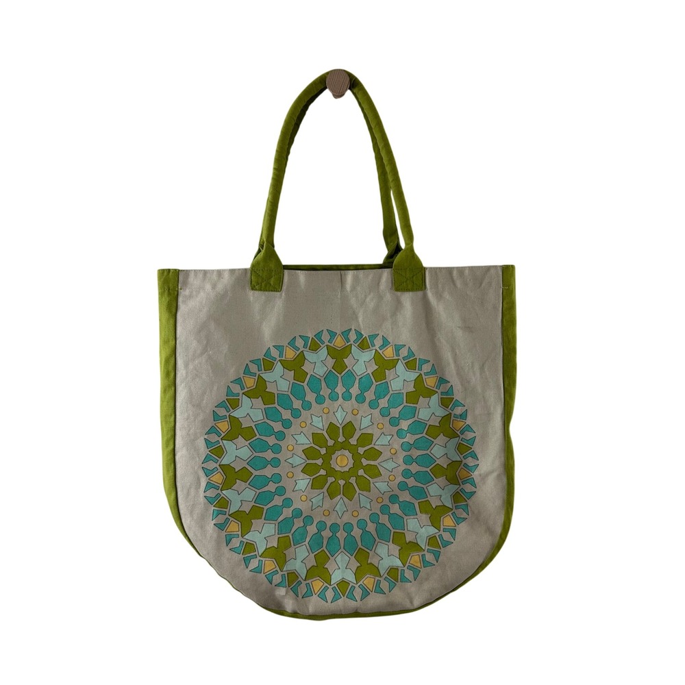 World Market Cotton Canvas Tote Bag Green Turquoise Mandala Geometric‎ Print
